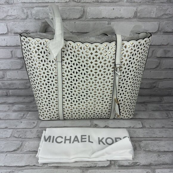 Michael Kors MK Optic White/Gold MD Travel Tote Handbag Laser Cutouts NWT